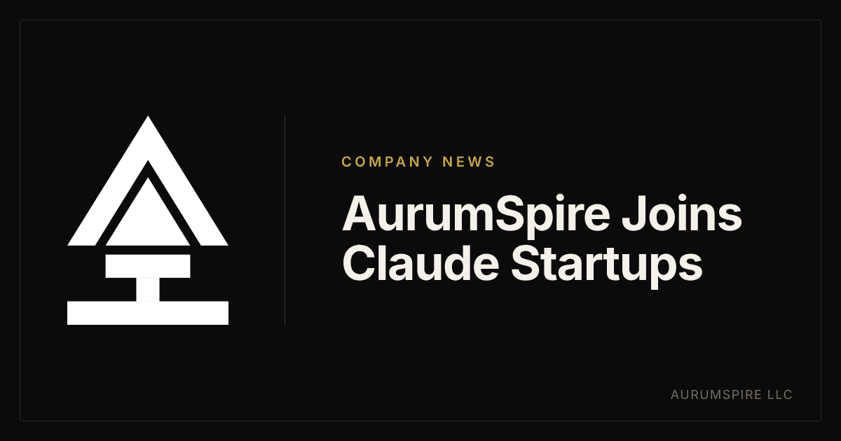 The AurumSpire spire mark beside the headline AurumSpire Joins Claude Startups