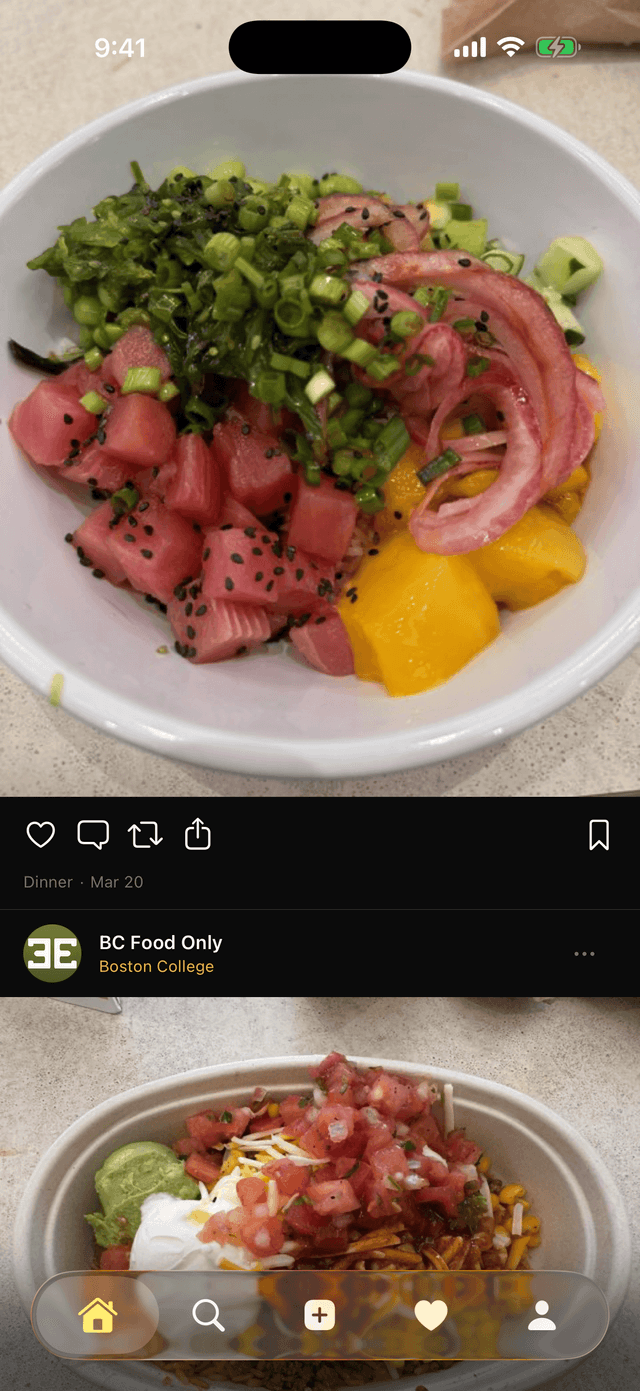 The EverEats Following feed, led by a tuna poke bowl post