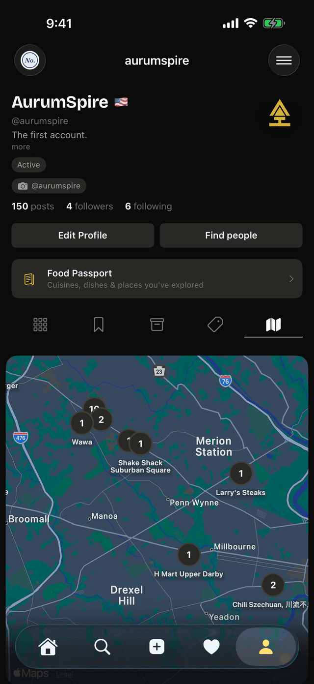 A profile's places map with a pin for every meal posted