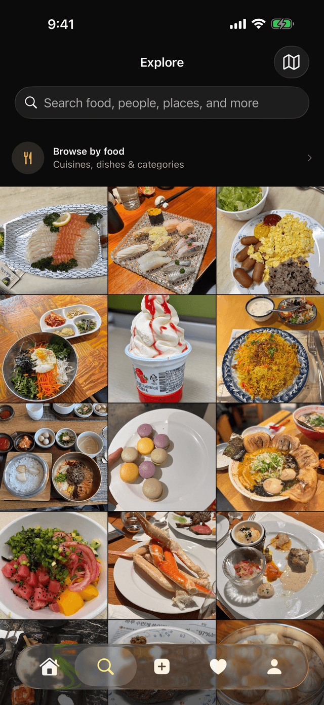 The Explore grid of food posts under a search bar for food, people, and places