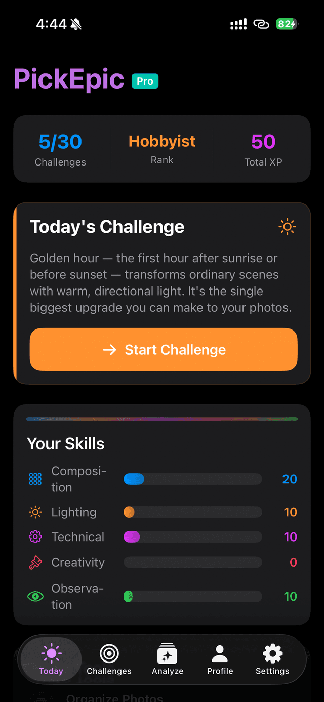 PickEpic Today tab: challenge progress, rank, total XP, today's challenge, and skill bars