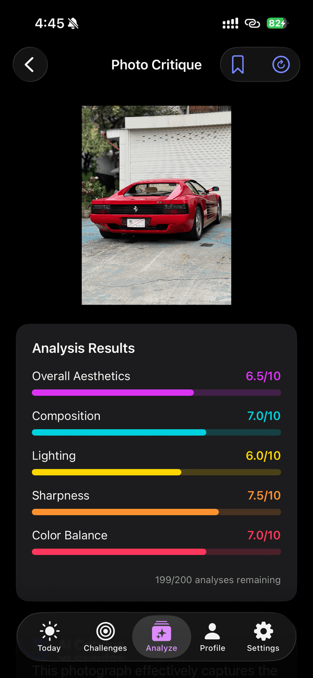 Photo Critique: analysis results with five scores out of ten, each with its own colored meter