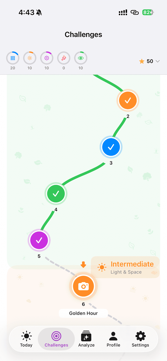 The challenge map: completed nodes on a winding path, crossing from Basics into the Intermediate tier at Golden Hour