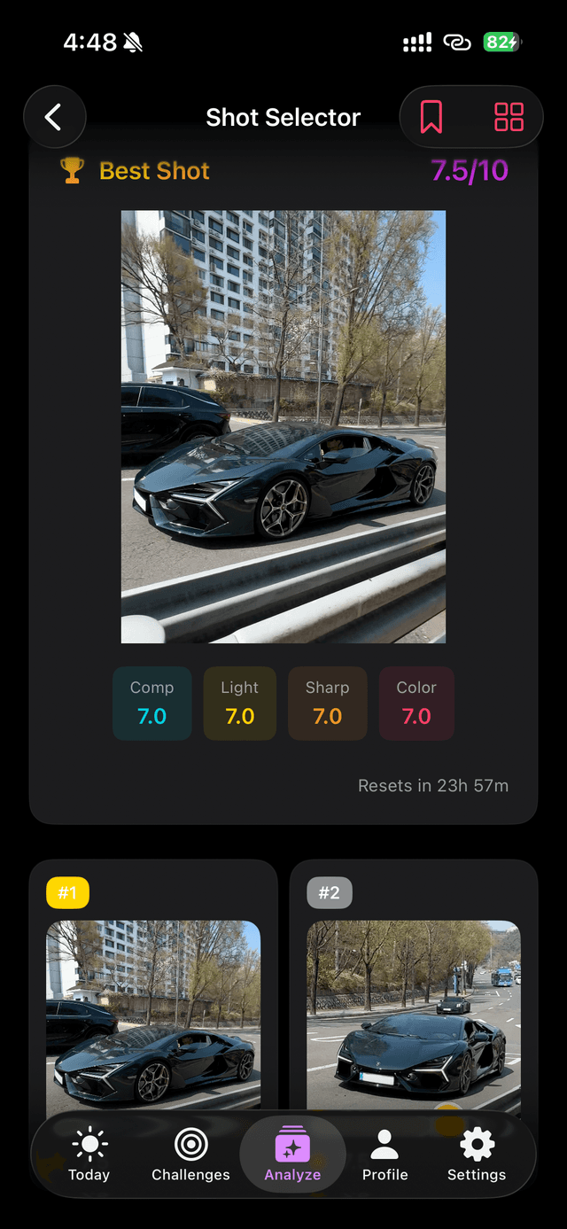 Shot Selector: Best Shot scored 7.5/10 with composition, lighting, sharpness, and color sub-scores, ranked against the alternatives