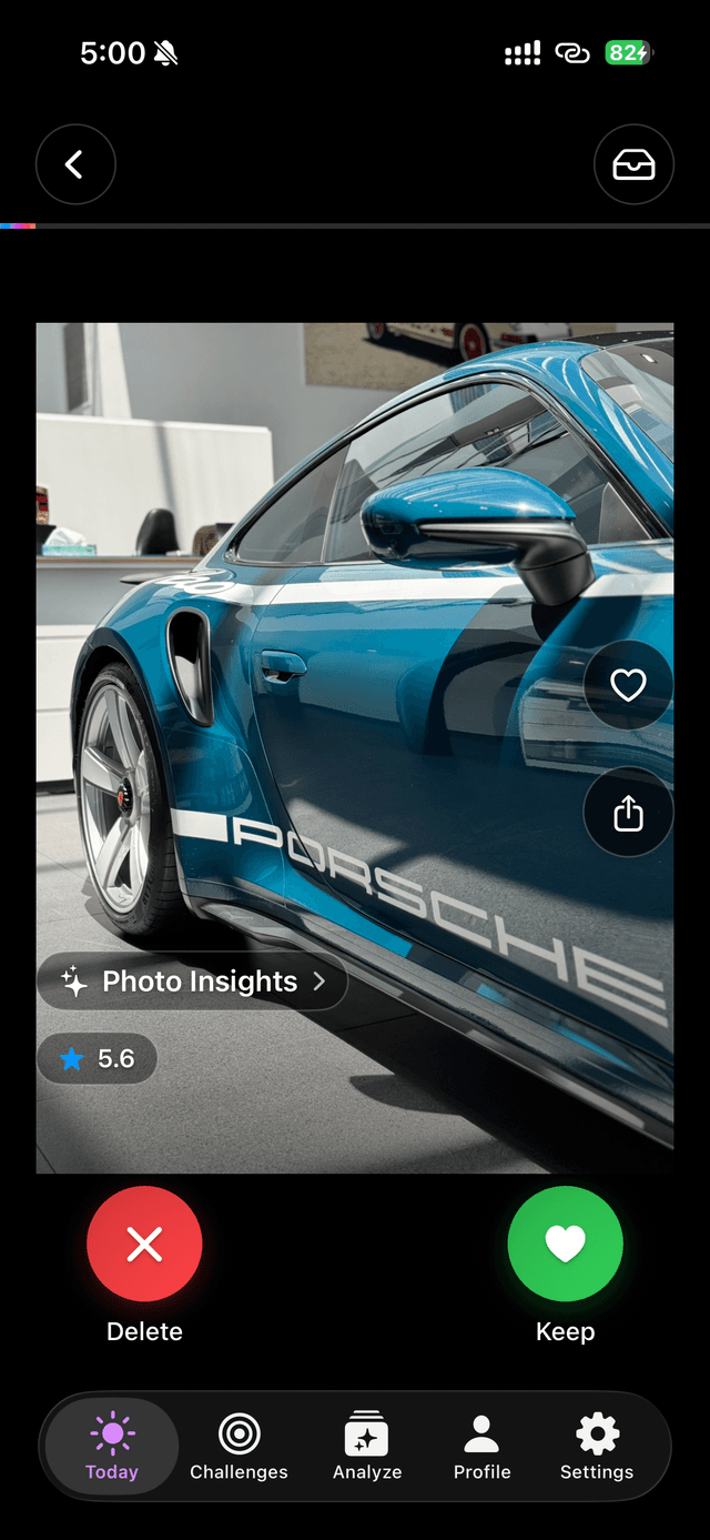 Swipe view with keep and delete buttons and an on-device score chip