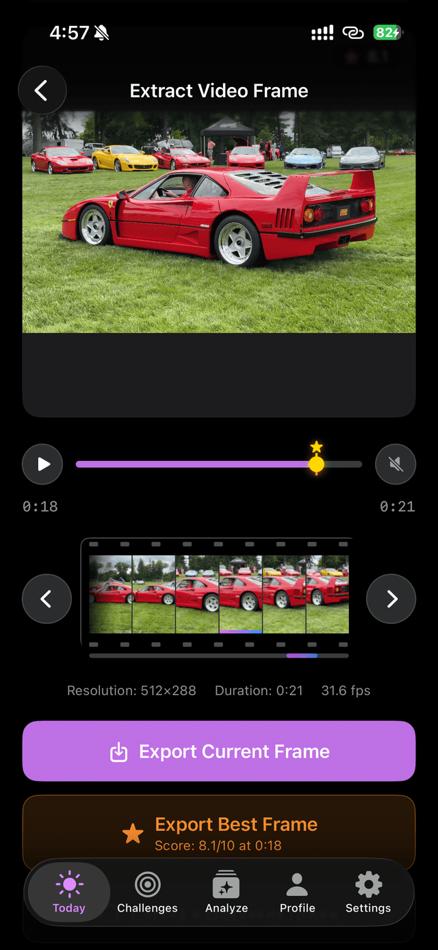 Extract Video Frame: filmstrip timeline with a starred best frame, scored 8.1 out of 10