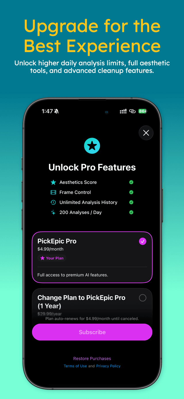 PickEpic Pro subscription screen