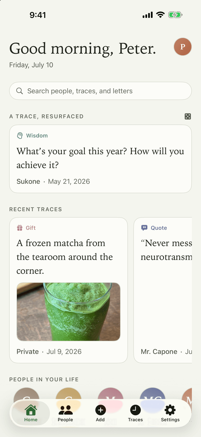 Spuren home screen: a morning greeting, a resurfaced trace, and recent traces