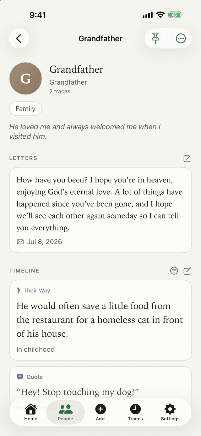 A person’s page: Grandfather, with his letters and a timeline of traces