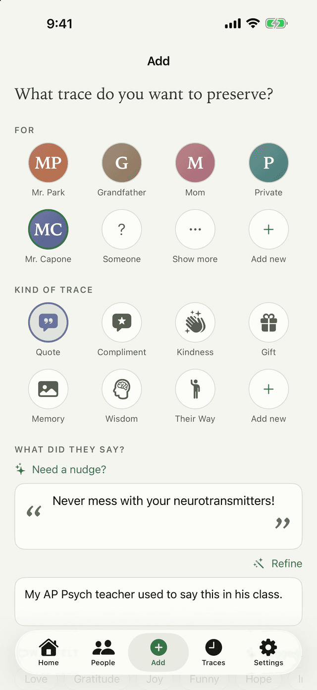 Adding a trace in Spuren: choosing a person and a kind of trace