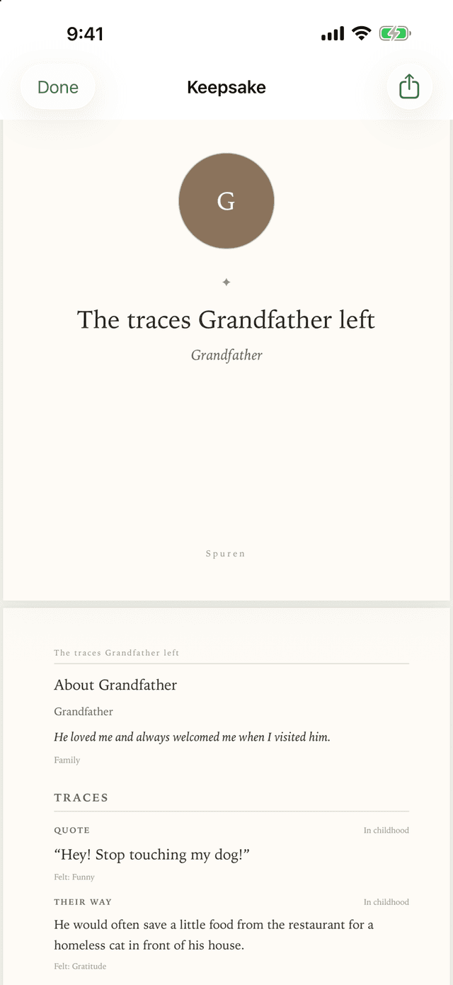A keepsake in Spuren: “The traces Grandfather left”, ready to share or print