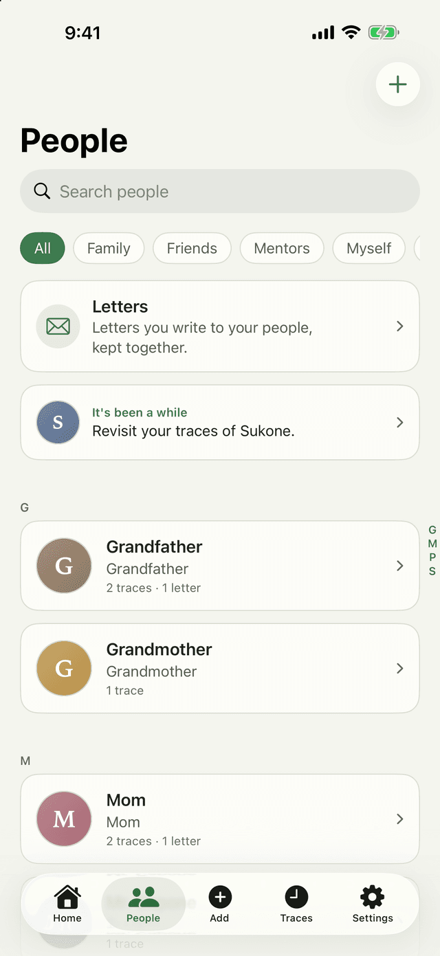 The People tab: everyone in one place, grouped by family, friends, and mentors