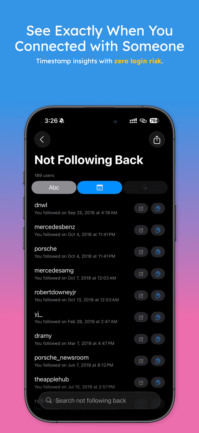 Not Following Back list view with timestamps
