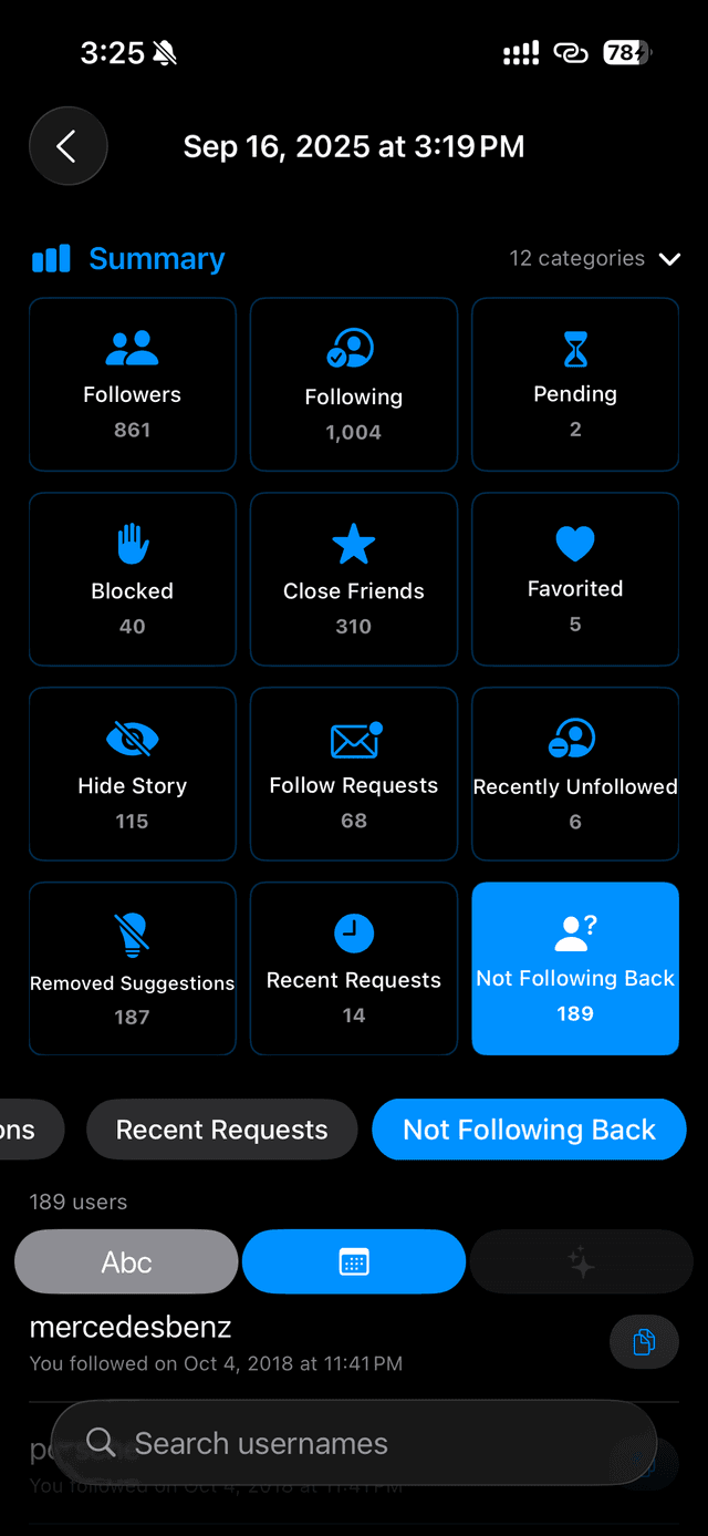 Snapshot summary with twelve category tiles from Followers to Not Following Back
