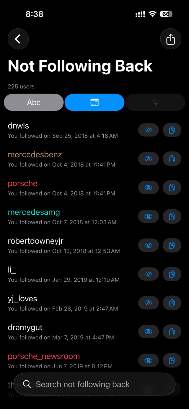 Not Following Back list with exact follow dates and times for each account