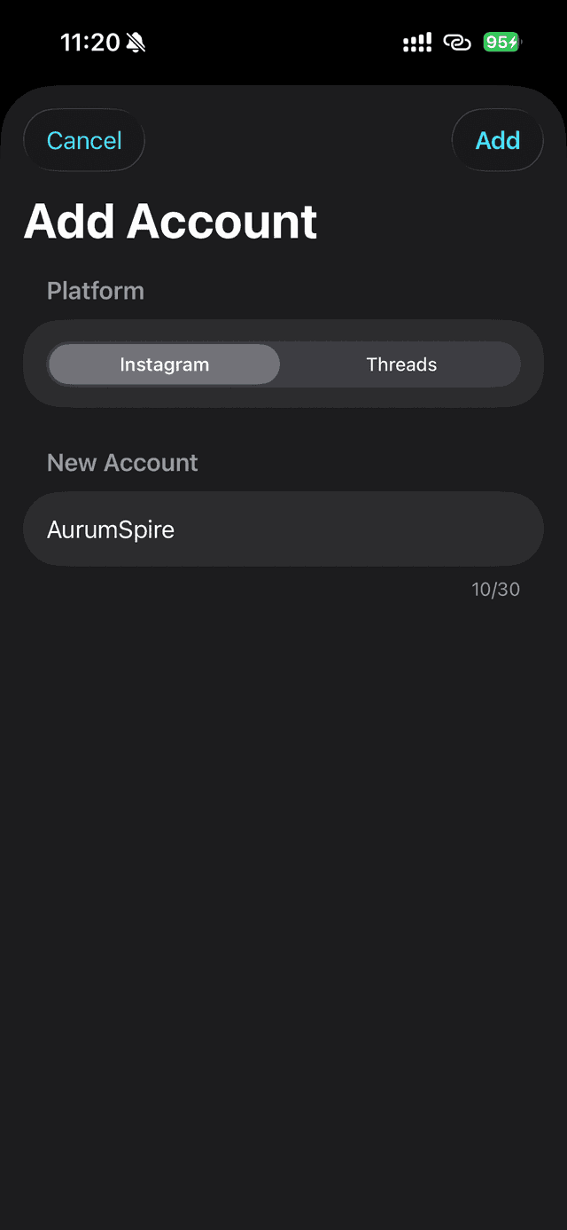 Add Account screen with an Instagram and Threads platform switch