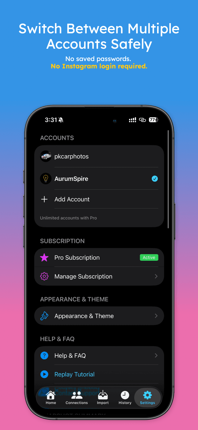 Settings view showing multiple accounts
