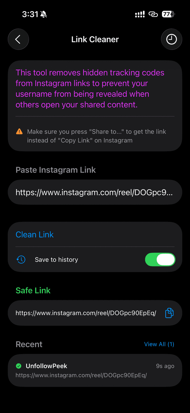 Link Cleaner removing a hidden tracking code from an Instagram link and producing a safe link