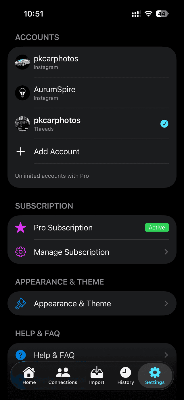 Settings showing multiple Instagram and Threads accounts
