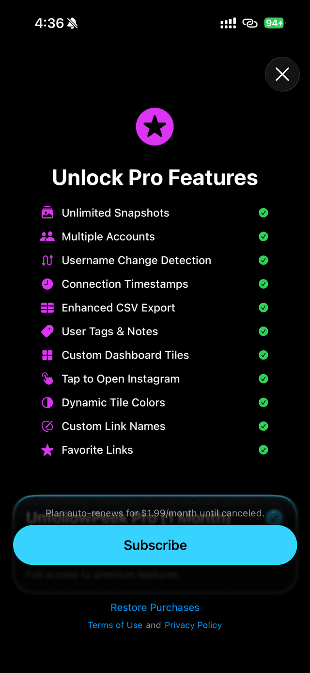 UnfollowPeek Pro feature list with subscription pricing