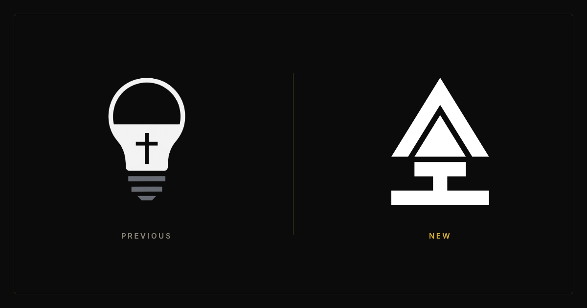 The previous AurumSpire logo, a white light bulb with a cross, beside the new logo, a white spire of triangles above a stepped base