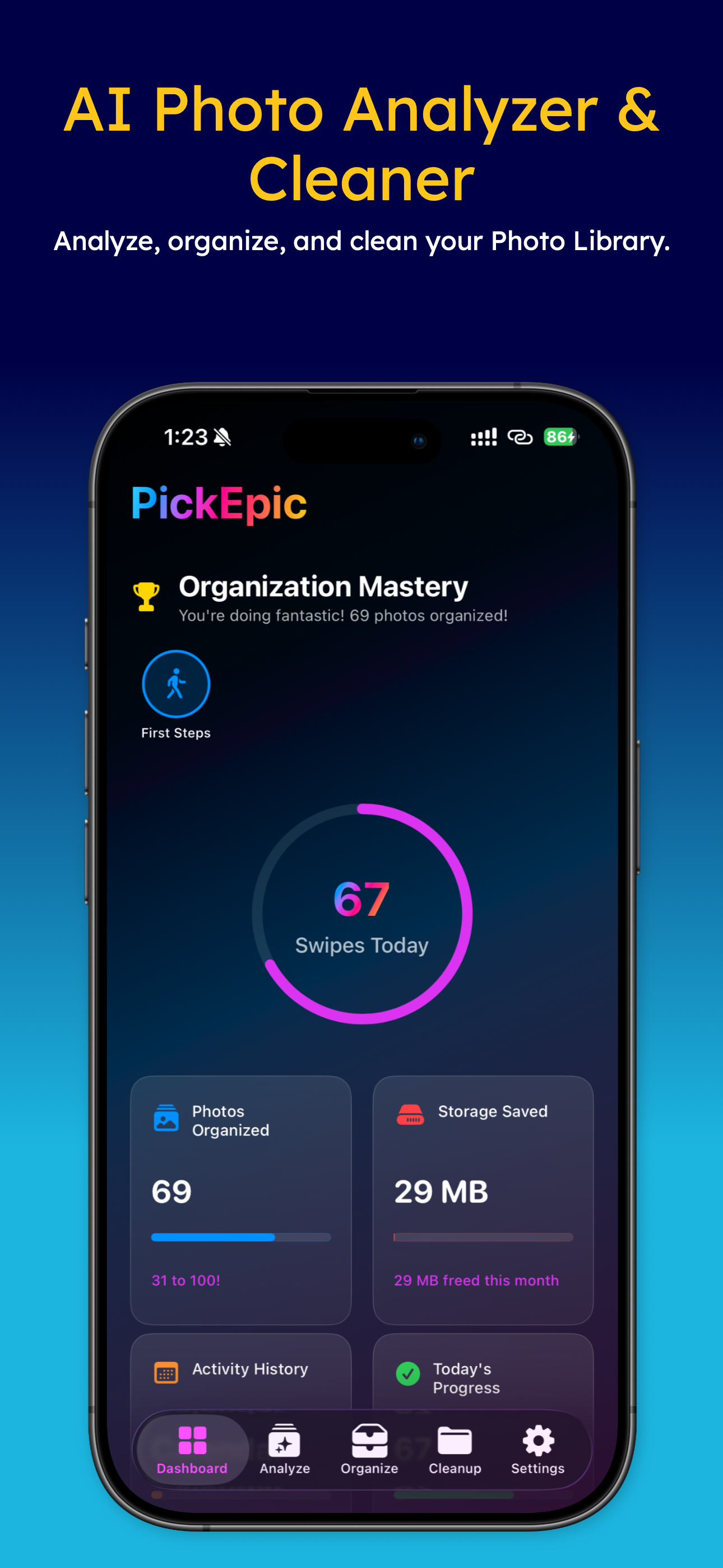 PickEpic dashboard showing Organization Mastery with photos organized and storage saved