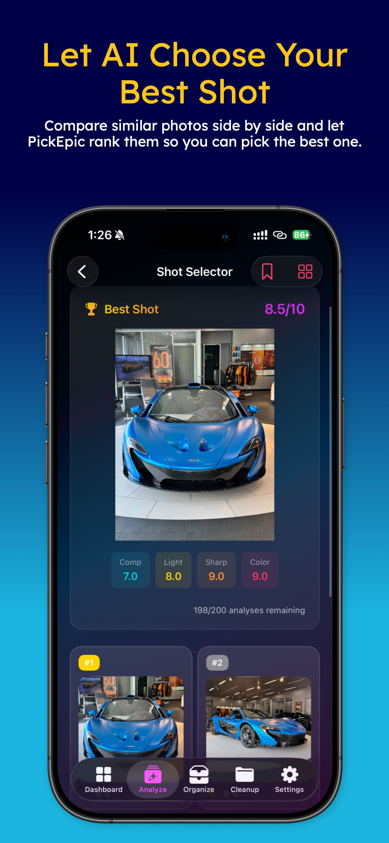 Shot Selector comparing similar photos with AI scores to find the best shot