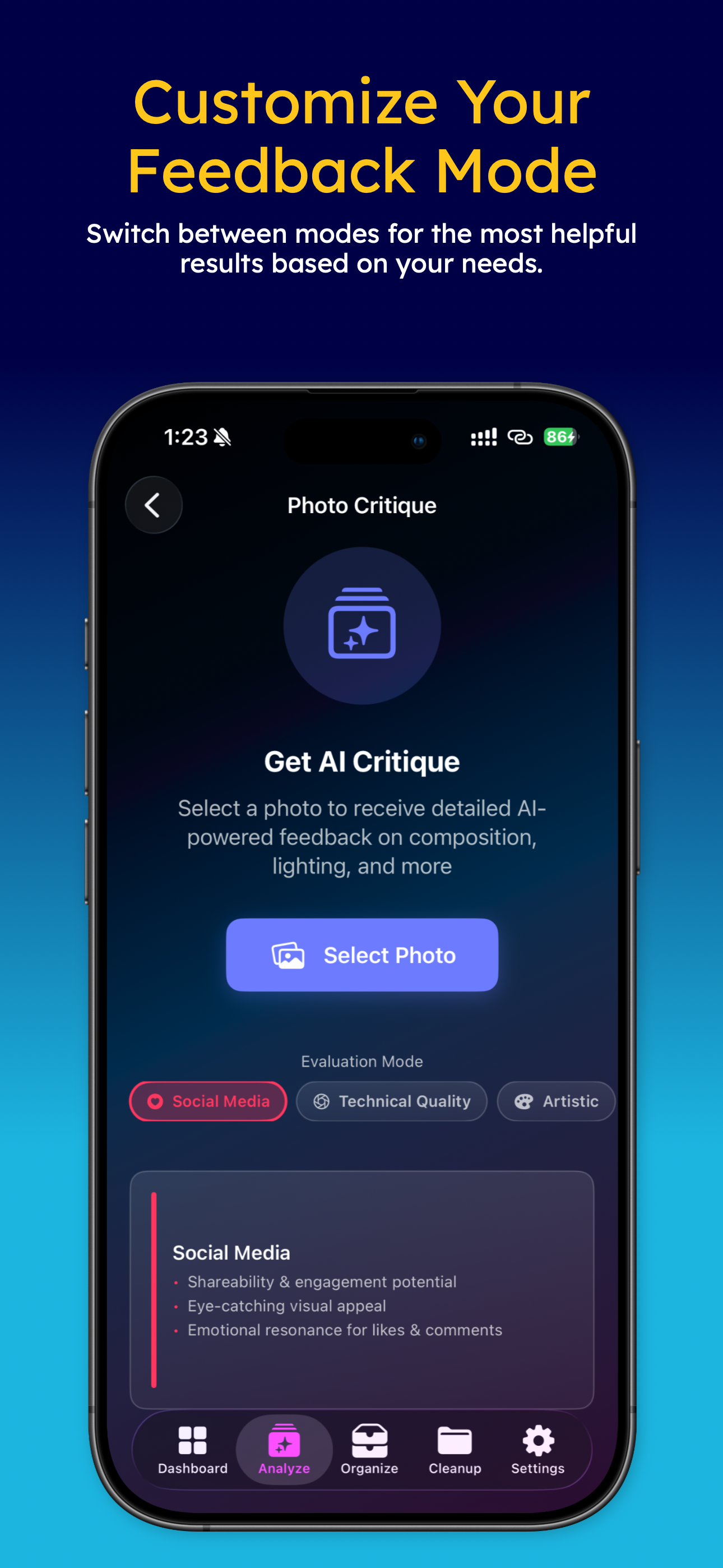 Photo Critique with evaluation modes: Social Media, Technical Quality, and Artistic