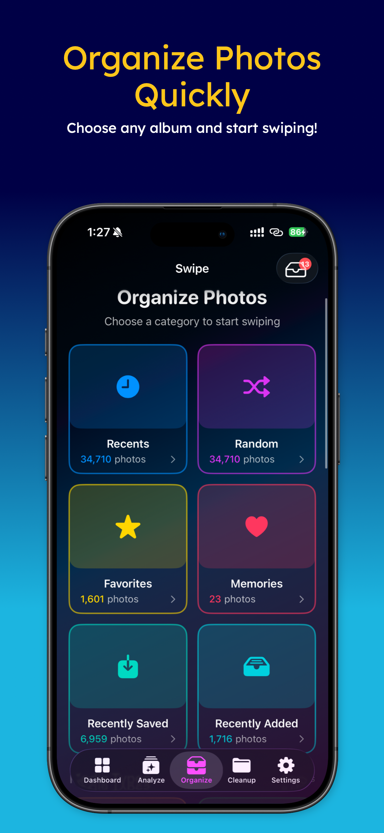 Swipe organize screen with categories: Recents, Random, Favorites, Memories, Recently Saved, Recently Added