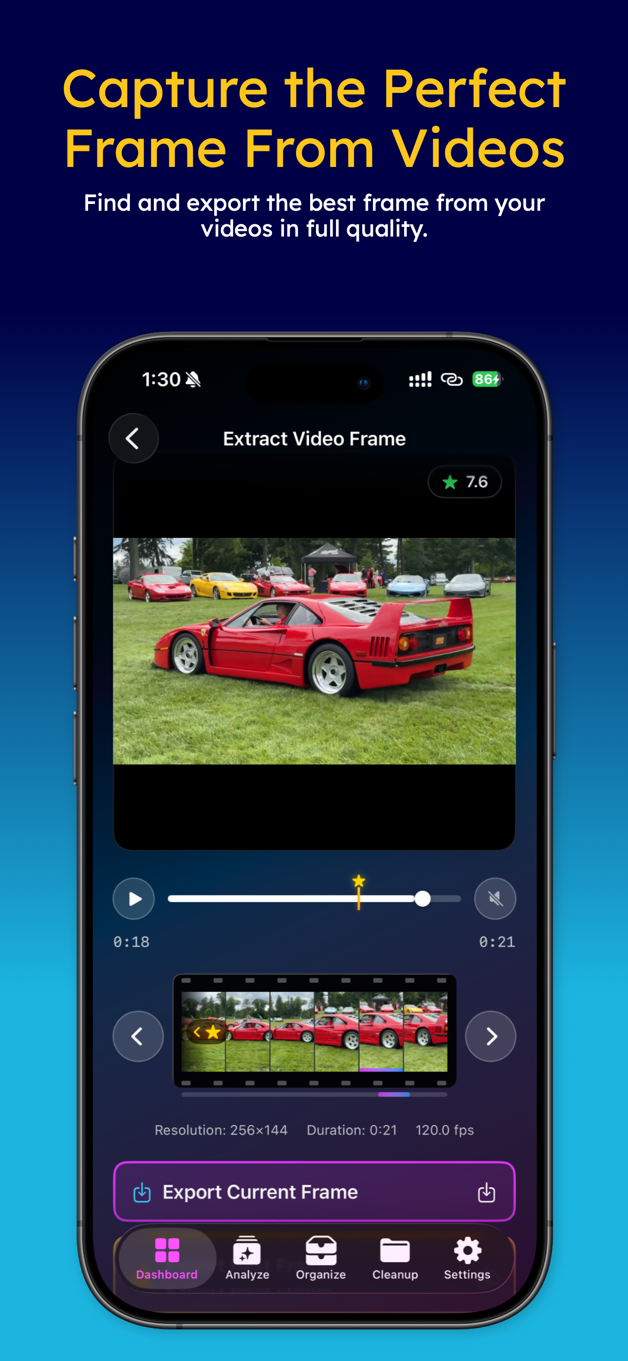 Extract Video Frame feature with timeline scrubber and Export Current Frame button