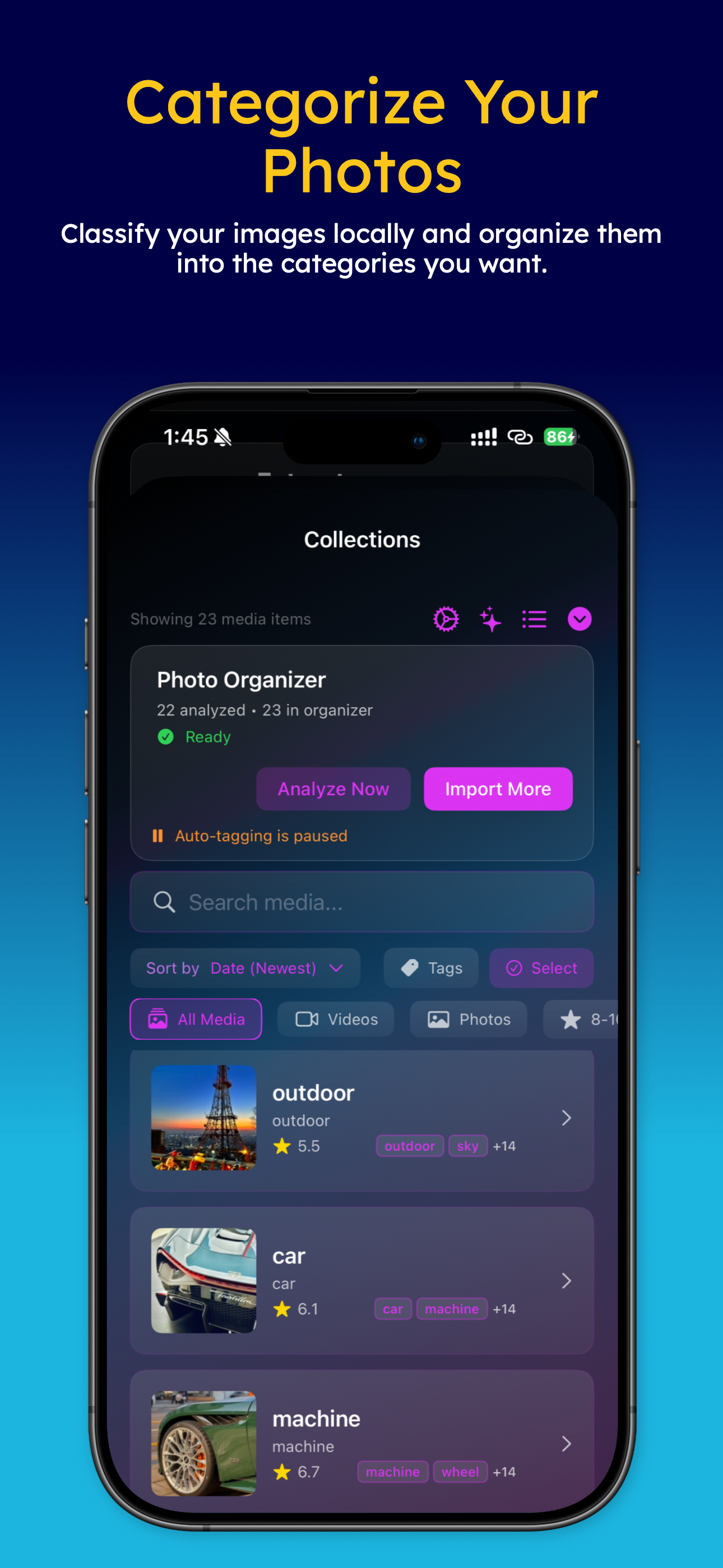 Collections view with Photo Organizer, auto-tagging, search, and filter by tags